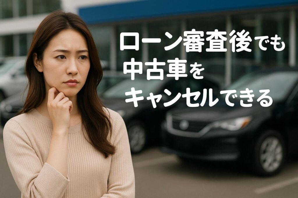 ローン審査後に中古車キャンセルを考える女性の写真。販売店の前で悩む表情の女性が映る。ローン審査後でもキャンセルできるかを解説する記事用画像。