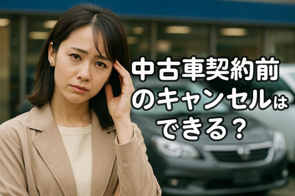中古車契約前のキャンセルを検討する女性の写真。中古車販売店の前で悩む表情の女性が映る。契約前のキャンセル可否を解説する記事用画像。