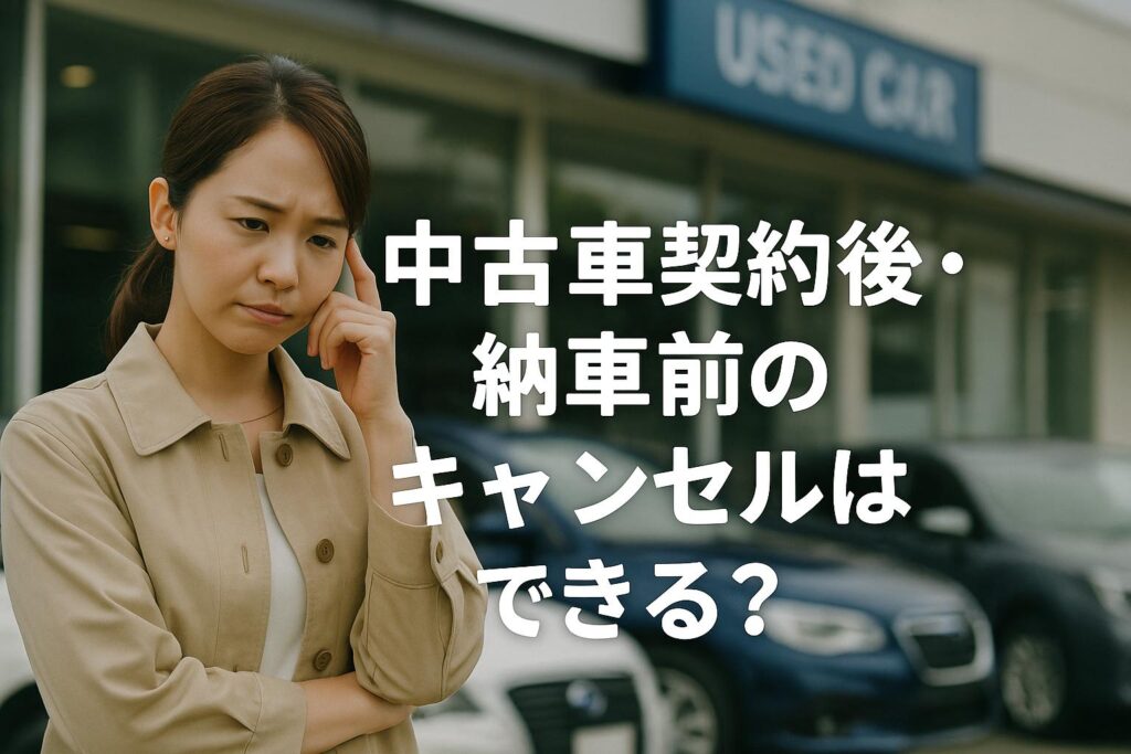 中古車契約後・納車前のキャンセルを検討する女性の写真。販売店の前で悩む表情の女性が映る。納車前のキャンセル可否を解説する記事用画像。