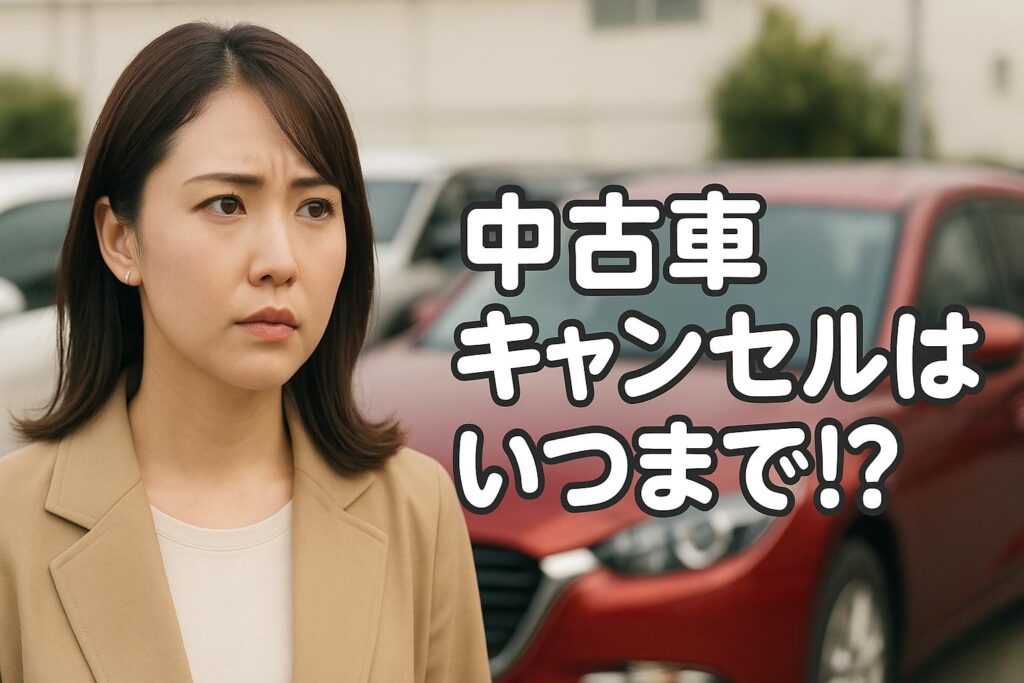 中古車キャンセルはいつまで可能か悩む女性の写真。中古車販売店の前で考える様子。
