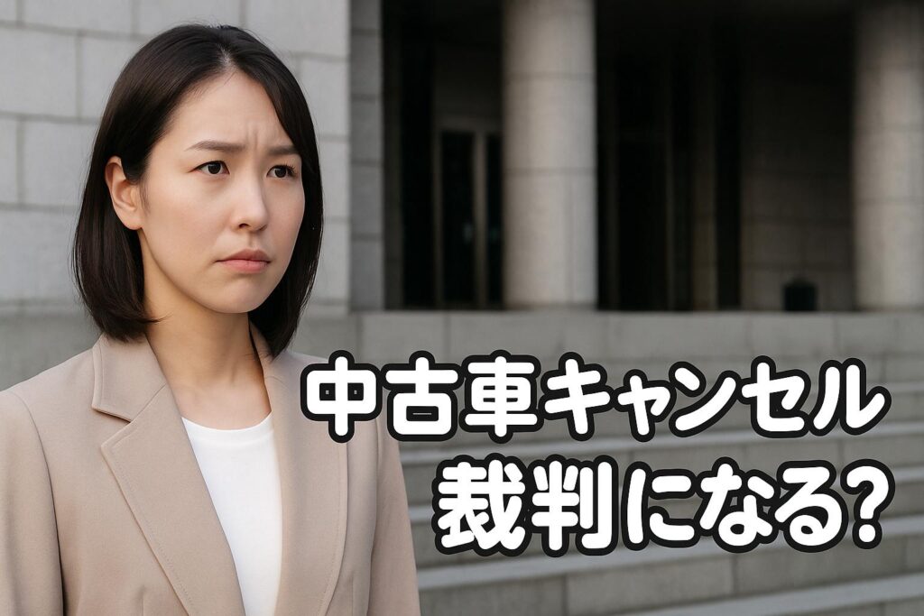 中古車キャンセルで裁判になるか悩む女性の写真。裁判所の前で不安そうな表情を浮かべている。