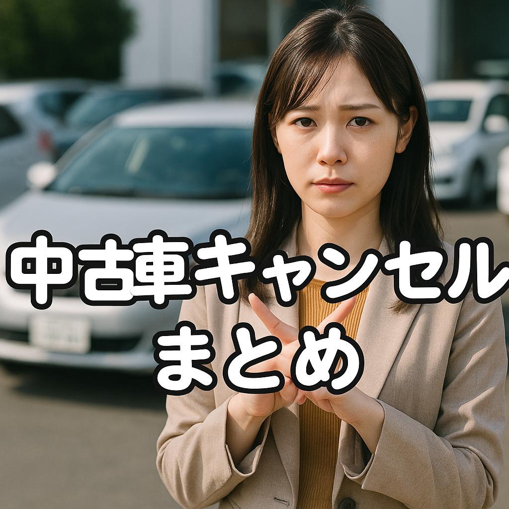 中古車キャンセルまとめのイメージ写真。中古車販売店の前で女性が悩んでいる様子。契約や違約金、返金トラブルの解説記事用画像。